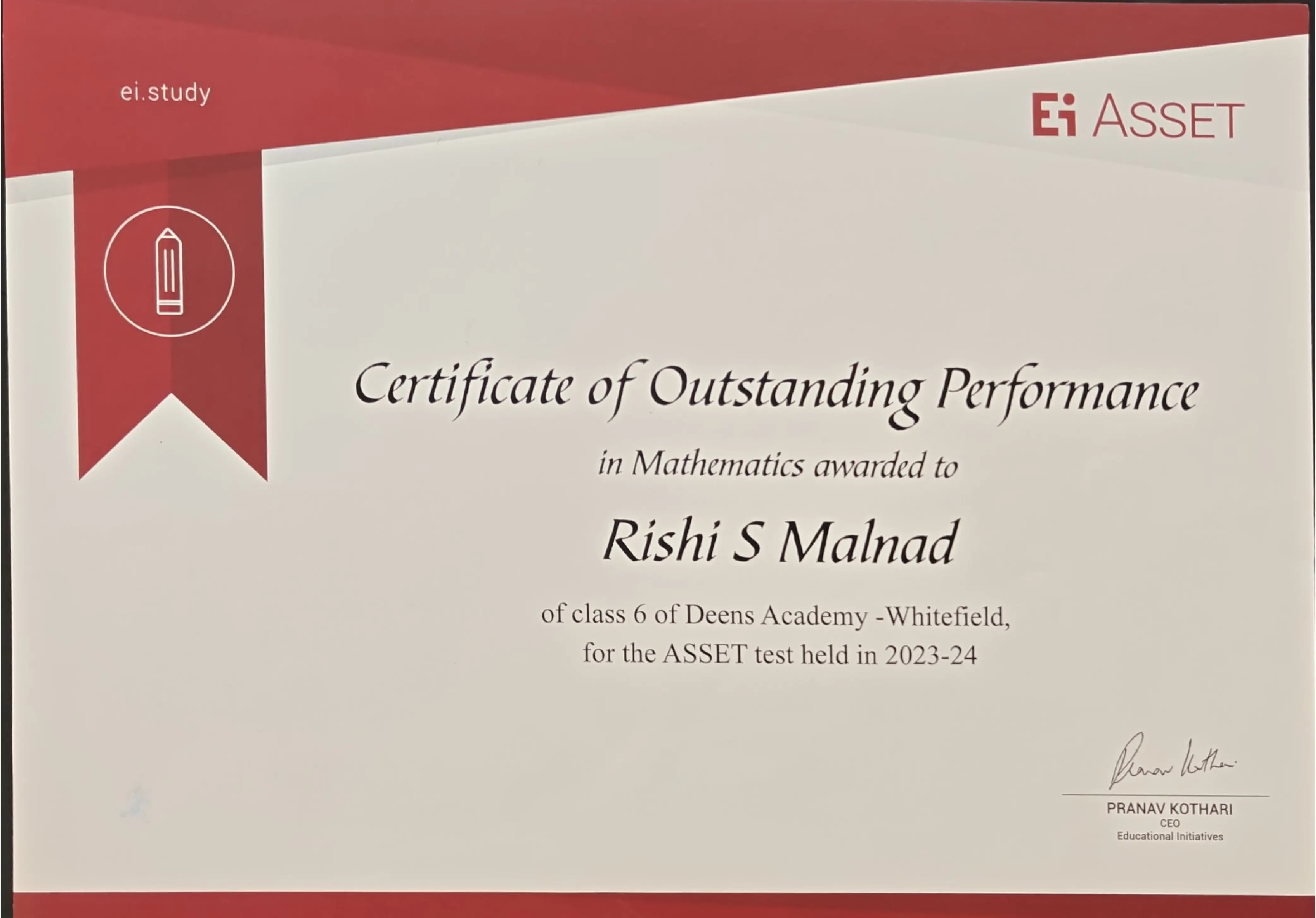 Ei Asset Certificate of Outstanding Performance in Mathematics (Grade 6 - 2023/24)
